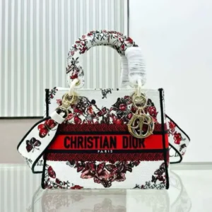 design medium lady d lite bag white and red le cour des papillons embroidery.webp